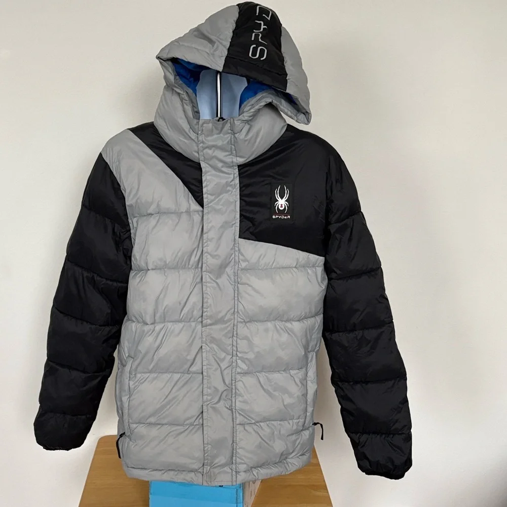 Spyder Silver and Black Hooded Puffer Jacket Size 16